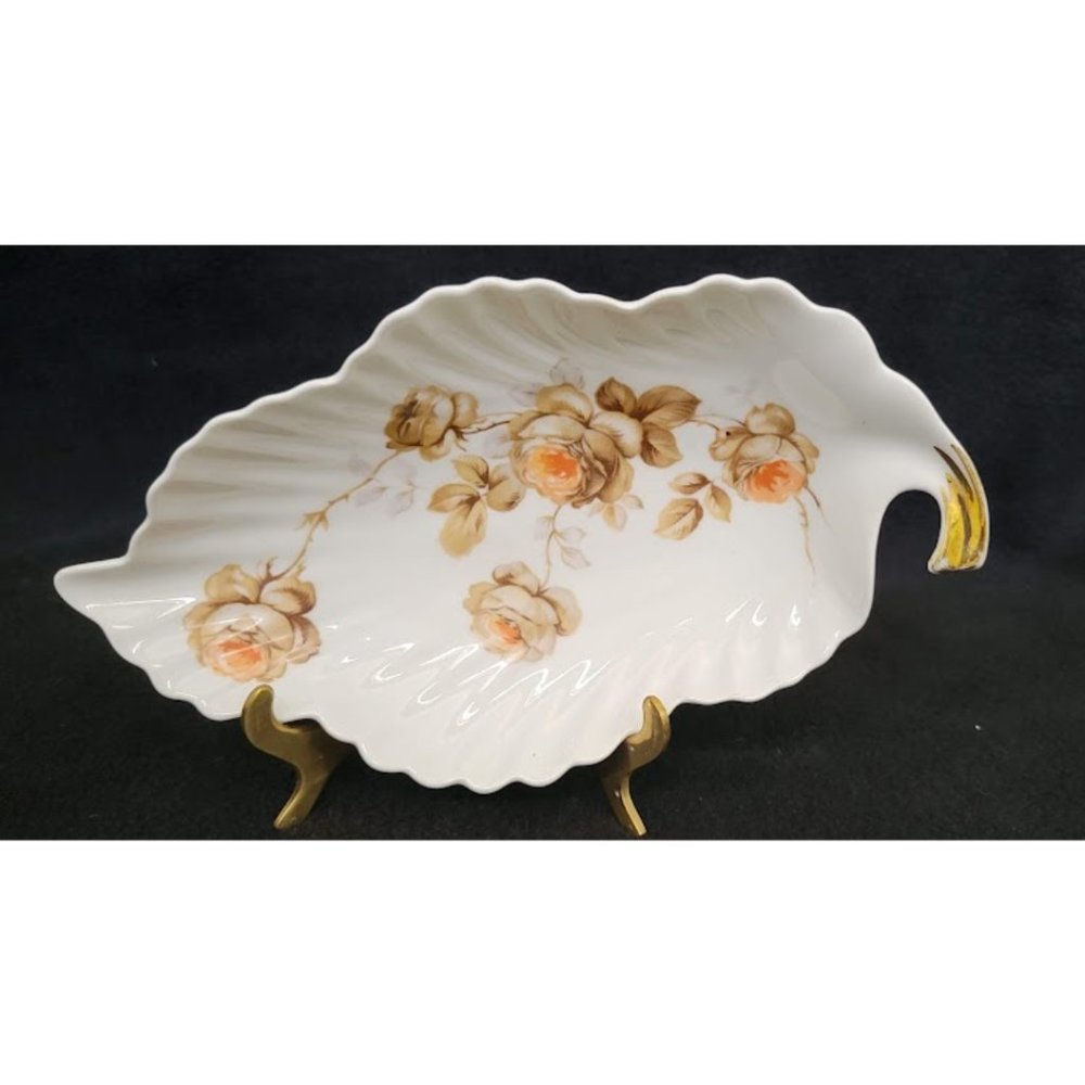 OLD NUREMBERG Bavaria Germany leaf-shaped dish w/rose motif 8.5" x 4.75" - EUC